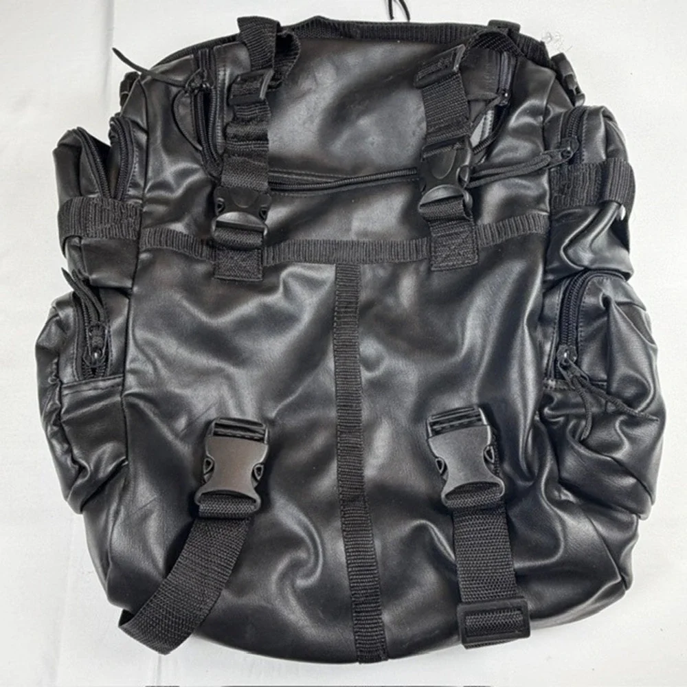 Black Faux Leather Motorcycle Tail Bag Sissy Bar Travel Luggage with Straps